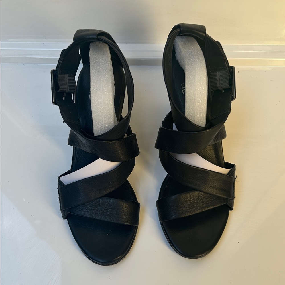 Eileen Fisher Block Heel Sandals, Leather Straps and Sole (with anti slip grip)